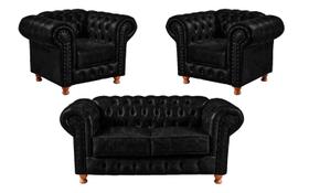 Um Sofá 2,00cm + Duas Poltronas Chesterfield Luiz XV - CORANO PRETO