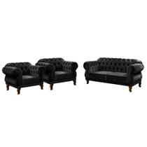 Um Sofá 2,30cm + Duas Poltronas Chesterfield Elisabeth Suede - Preto Um Sofá 2,30cm + Duas Poltronas Chesterfield Elisabeth Suede - Preto