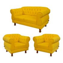 Um Sofá 2M + Duas Poltronas Chesterfield Elisabeth Suede - Amarelo