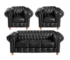 Um Sofá de 3 Lugares 2,30 e Duas Poltronas Chesterfield LUIZ XV - Corano Preto / Sala, Recepção Um Sofá de 3 Lugares 2,30 e Duas Poltronas Chesterfield LUIZ XV - Corano Preto / Sala, Recepção