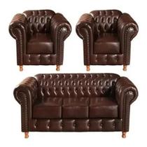 Um Sofá de 3 lugares Duas Poltronas Capitone Luís Xv Corano Marrom barbearia sala tv escritorio