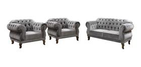 Uma Namoradeira + Duas Poltronas Chesterfield Elisabeth Suede Cinza
