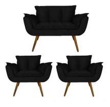 Uma Namoradeira + Duas Poltronas Chesterfield Luxo Opala -SUEDE PRETO / SALA, RECEPÇÃO, ESCRITÓRIO