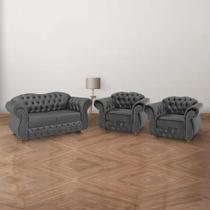 Uma Namoradeira + Duas Poltronas Chesterfield Merlô Suede - Cinza Chumbo / Decoração, barbearia, sala, recepção Uma Namoradeira + Duas Poltronas Chesterfield Merlô Suede - Cinza Chumbo / Decoração, barbearia, sala, recepção