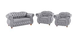 Uma Namoradeira + Duas Poltronas Chesterfield Merlô - Veludo Cinza Prata / Decoração, Recepção, Sala tv estar