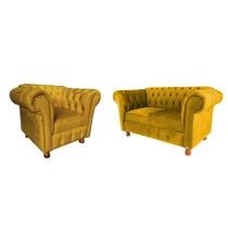 Uma Namoradeira + Uma Poltrona Luis XV Chesterfield Capitone - Suede Amarelo / Sala de Tv, Recepção, decoração Uma Namoradeira + Uma Poltrona Luis XV Chesterfield Capitone - Suede Amarelo / Sala de Tv, Recepção, decoração