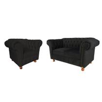 Uma Namoradeira + Uma Poltrona Luis XV Chesterfield Capitone - Suede PRETO / Decorativa / Sala, Tv, Estar, Recepção