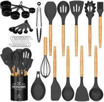 Umite Chef Cozinha Cozinha Utensílios Conjunto, 33 pcs Anti-stick Silicone Cozinha Utensílios Espátula Conjunto com Suporte, Cabo de Madeira Silicone Gadgets Cozinha Conjunto utensílio (Cinza Preto)