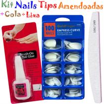 Unhas Curtas Amendoadas kit 100 Unhas + Cola + Lixa Meia Luas100/180