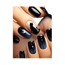 Unhas Postiças Acrílicas Curtas Quadradas Pretas Brilhantes Com Gradiente Azul 24PCS Para Mulheres E Unhas Postiças Acrílicas Curtas Quadradas Pretas Brilhantes Com Gradiente Azul 24PCS Para Mulheres E