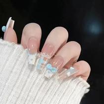 Unhas Postiças Artesanais Com Laço Azul, Estilo Doce E Sexy, Arte De Unhas Francesa Pintada À Mão,