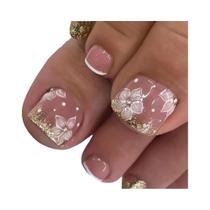 Unhas Postiças Brancas Com Borda Glitter 24pcs Com Lixa E Kit De Adesivos