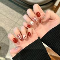 Unhas Postiças Curta Redonda Oval Com Glitter Vermelho Para Mulheres E Meninas, Usáveis Para O Ano