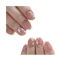 Unhas Postiças Curtas Em Estilo Francês Rosa Claro E Branco, 24 Peças, Design De Flor Camélia