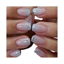 Unhas Postiças Curtas Quadradas Cor De Pele Com Ponta Prateada Francesa, 24 Peças Com Adesivo Em Gel