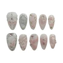 Unhas Postiças Curtas Rosa Em Forma De Amêndoa 24pcs Usáveis Com Flores Falsas Francesas Morango