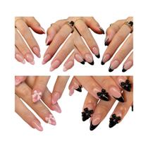 Unhas Postiças De Acrílico Pretas E Rosas Com Laço Em Forma De Borboleta, Ponta Francesa Curta,