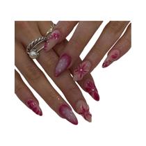 Unhas Postiças De Impressão De Leopardo Em Forma De Amêndoa 24pcs Flor Blush Removíveis Com Pérola E