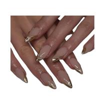 Unhas Postiças Em Forma De Amêndoa Com Design De Laço, Franja Dourada Francesa, Cobertura Completa,