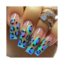 Unhas Postiças Femininas Y2K Com Estampa De Leopardo Em Gradiente Colorido, Médio Longo, Rosa, Verde