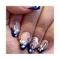 Unhas Postiças Francesas Azuis Pontiagudas 24PCS Formato Amêndoa Curto Com Padrão Floral Branco De Unhas Postiças Francesas Azuis Pontiagudas 24PCS Formato Amêndoa Curto Com Padrão Floral Branco De