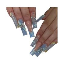 Unhas Postiças Francesas Douradas Brilhantes Com 24 Peças, Decoração De Borboleta Com Diamantes