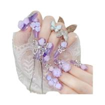 Unhas Postiças Francesas Douradas Brilhantes Com 24 Peças, Decoração De Borboleta Com Diamantes