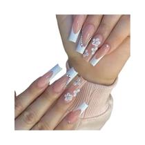 Unhas Postiças Francesas Longas Com Design Floral, 24 Peças, Cobertura Total Em Acrílico