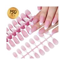 Unhas Postiças Francesas Nude Rosa Almendrado Fosco 150 Peças Cobertura Total Oval Pontas De Unhas