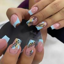 Unhas Postiças Francesas - Nude, Rosa e Azul - Com Franjas e Design Quadrado