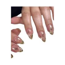 Unhas Postiças Gold Starburst Com Strass, 10 Peças, Artesanais Com Borda Francesa Irregular Para O