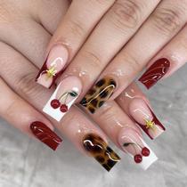 Unhas Postiças Kcjckcdd 24 peças Design Leopardo e Cereja Unhas Postiças Kcjckcdd 24 peças Design Leopardo e Cereja