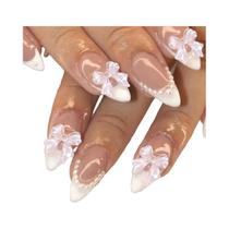 Unhas Postiças Longas Em Acrílico Com Design De Laço Francês Branco E Pérolas, Conjunto De 24 Peças Unhas Postiças Longas Em Acrílico Com Design De Laço Francês Branco E Pérolas, Conjunto De 24 Peças