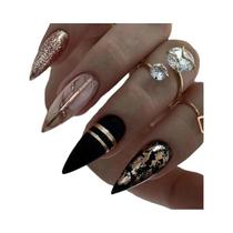 Unhas Postiças Longas Em Formato Amêndoa Com Glitter Dourado Âmbar Escuro, 24 Peças Com Polidor E Unhas Postiças Longas Em Formato Amêndoa Com Glitter Dourado Âmbar Escuro, 24 Peças Com Polidor E