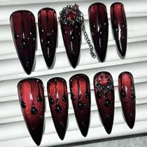 Unhas Postiças Longas Vermelho Sangue Escuro Com Glitter Olho De Gato E Correntes De Luxo - 10 Peças