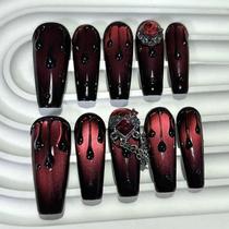 Unhas Postiças Longas Vermelho Sangue Escuro Com Glitter Olho De Gato E Correntes De Luxo - 10 Peças