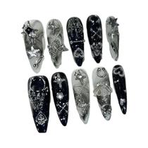 Unhas Postiças Pretas E Brancas Com Ponta Longa Y2K Estilo Spice Girls Japonesas Artesanais Com