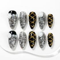 Unhas Postiças Sun&Beam Médio Amêndoa Preto Dourado Pérola