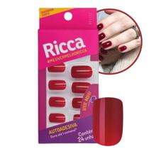 Unhas Postiças Vermelha Bordo Autoadesiva Quadrada Curta 24 Unhas Ricca