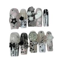 Unhas Postiças Vintage Rosa Com Notas Musicais 3D Laço Rosa Pérola Y2K Arte De Unhas Longas Em Forma