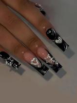 Unhas Pretas Francesas Pressionadas Em 24 Peças, Glitter, Estrelas Do Amor, Design Doce E Legal,
