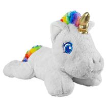 Unicórnio Gold Deitado Pelúcia Macia Fofo Com Crina Colorida E Chifre Dourado