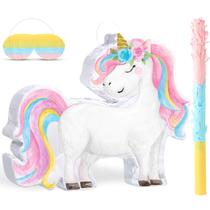 Unicórnio pequeno Piñata Harrycle com bastão e olhos vendados para meninas