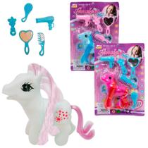Unicornio / poney de vinil com crina e calda + espelho e acessorios ameiya 6 pecas Unicornio / poney de vinil com crina e calda + espelho e acessorios ameiya 6 pecas