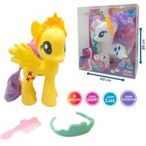 Unicornio / poney de vinil com crina e calda + som e luz acessorio a bateria 4 pecas