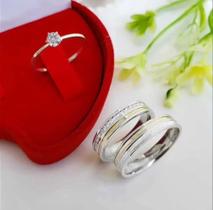 Unidade aliança de prata 950 com fio de ouro 18k + anel solitário