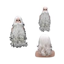 Unissex Cabelo Curto Branco Cinza Papai Noel Cosplay Peruca Sintética Com Barba Para Homens Mulheres