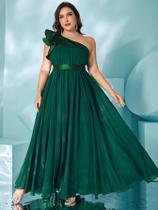Unithorse Plus feminino cetim patchwork chiffon um ombro elegante vestido formal verde escuro