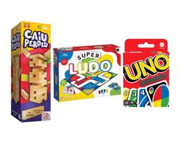 Uno Mattel Caiu Perdeu Torre de Equilíbrio e Super Ludo Diversão Para Toda Família Kit Jogos Clássicos