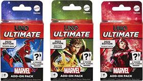 UNO Ultimate Marvel Add-On 3-Pack Set com baralho de personagem colecionável e 2 cartas de folha, inclui Homem-Aranha, Dr. Estranho e Feiticeira Escarlate